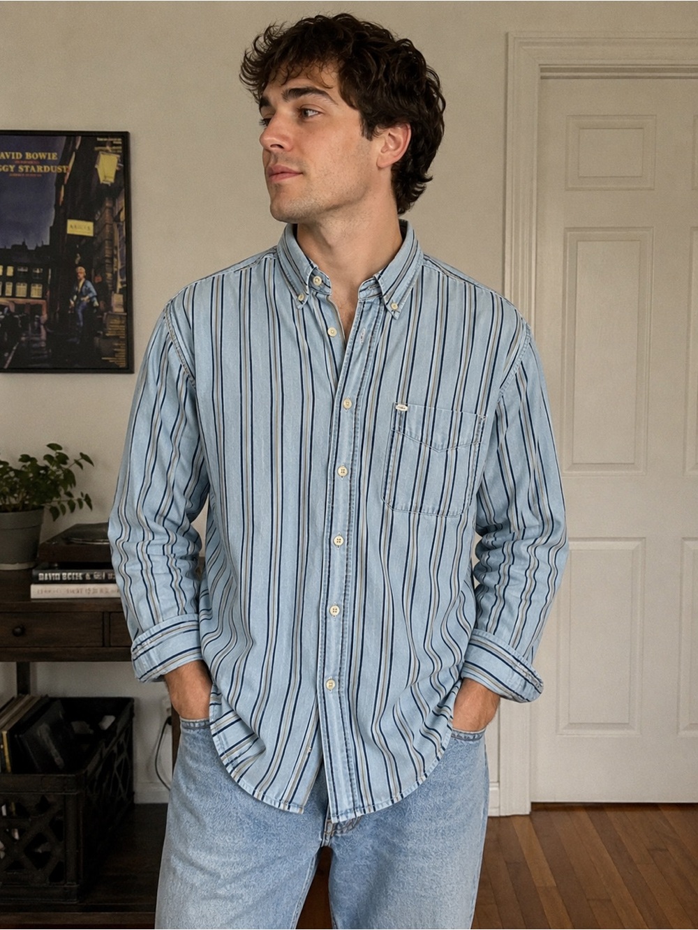 Basic Editions Men’s Medium Striped Button Down Shirt Blue 100% Cotton Y2K